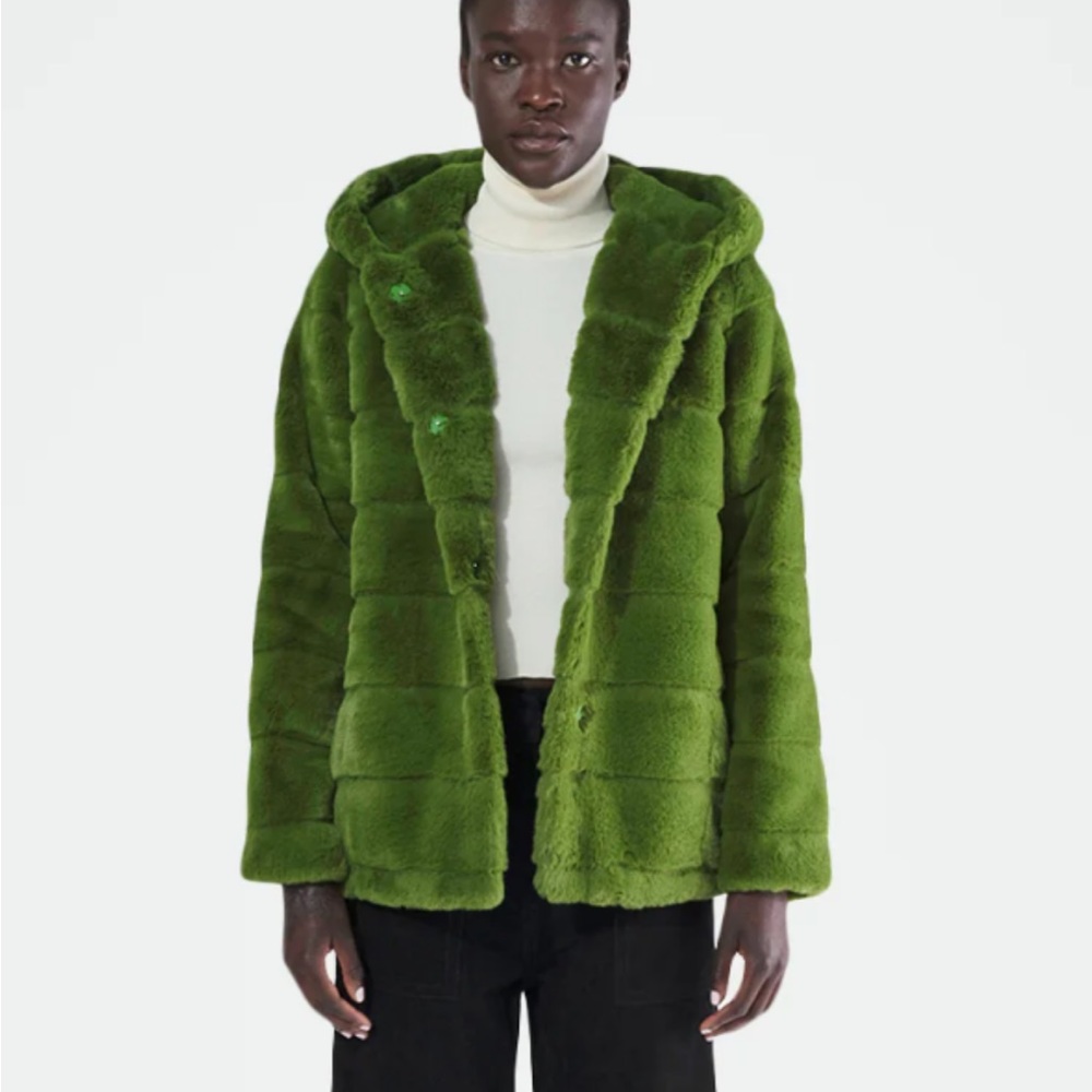 APPARIS faux fur hooded jacket in Moss